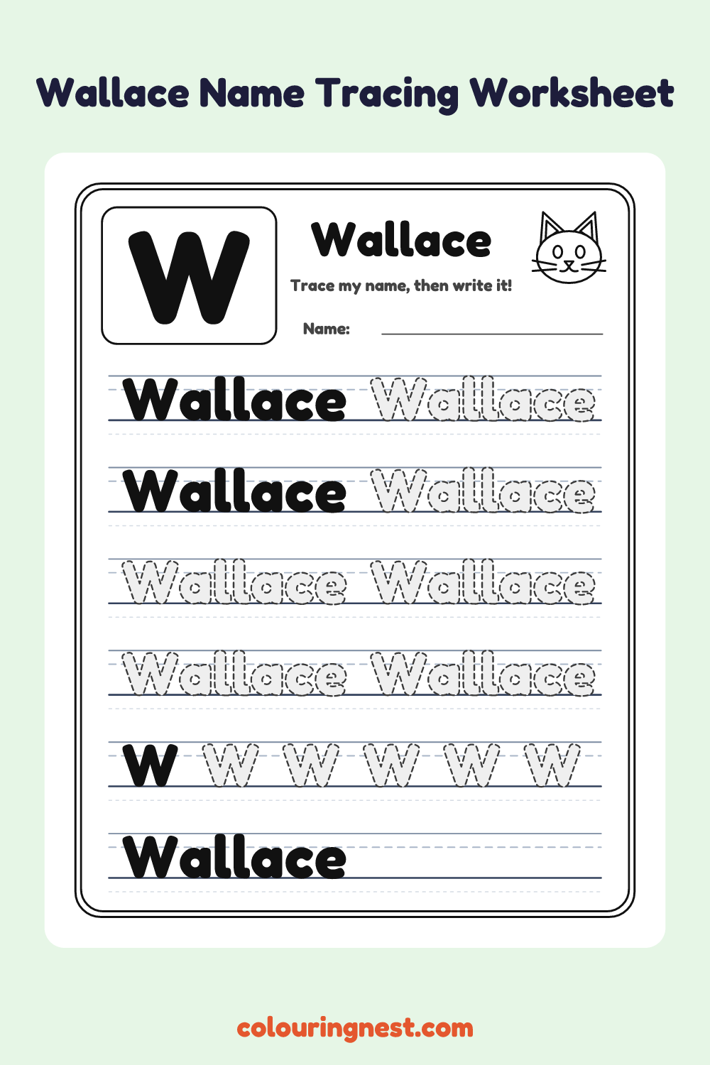 Wallace Name Tracing Worksheet: free printable black-and-white line art