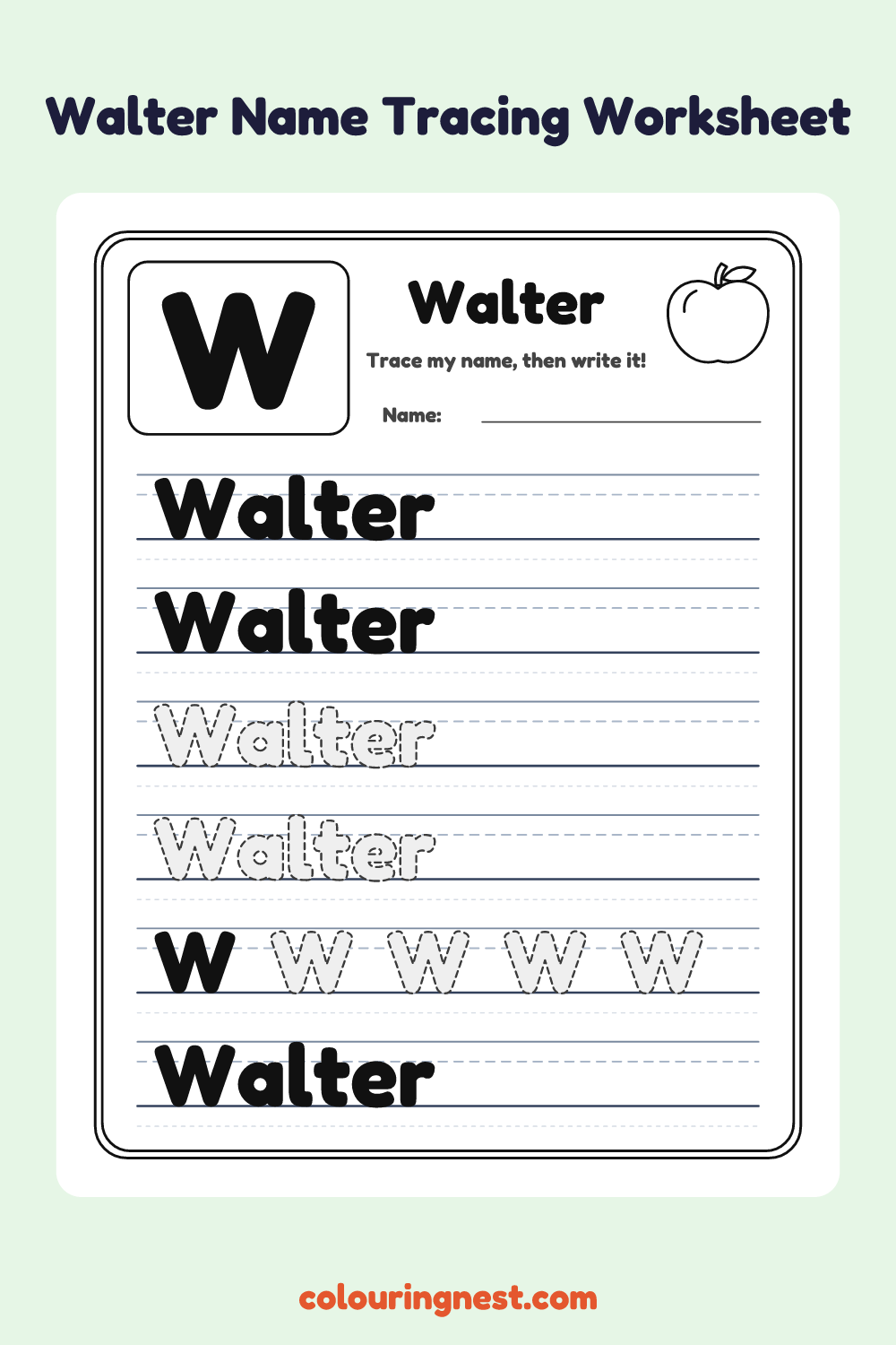 Walter Name Tracing Worksheet: free printable black-and-white line art