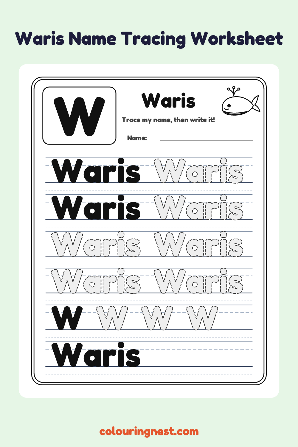 Waris Name Tracing Worksheet: free printable black-and-white line art