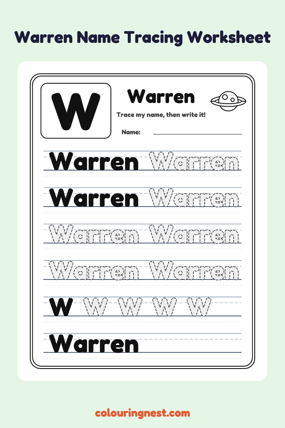 Warren Name Tracing Worksheet: free printable black-and-white line art