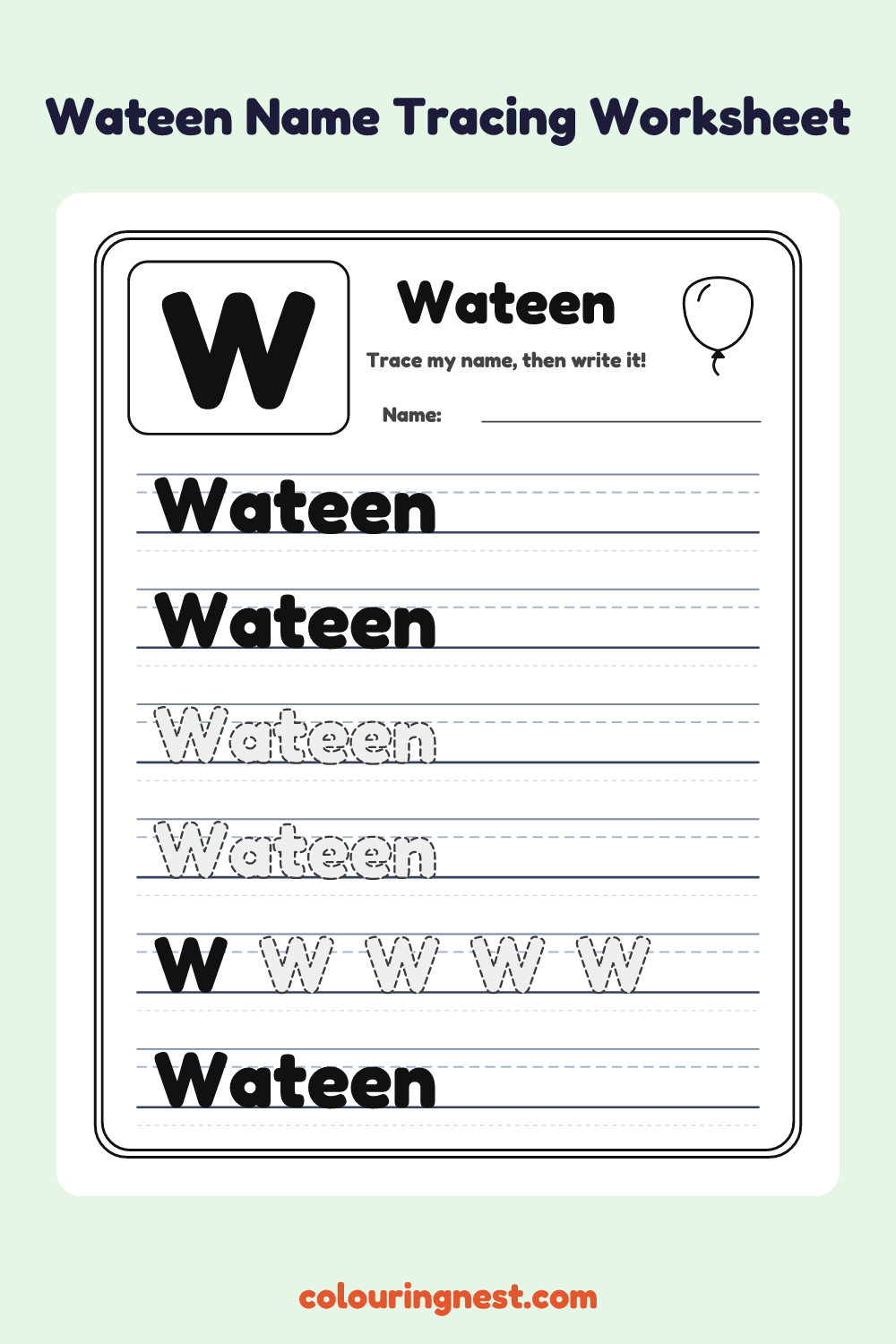 Wateen Name Tracing Worksheet: free printable black-and-white line art