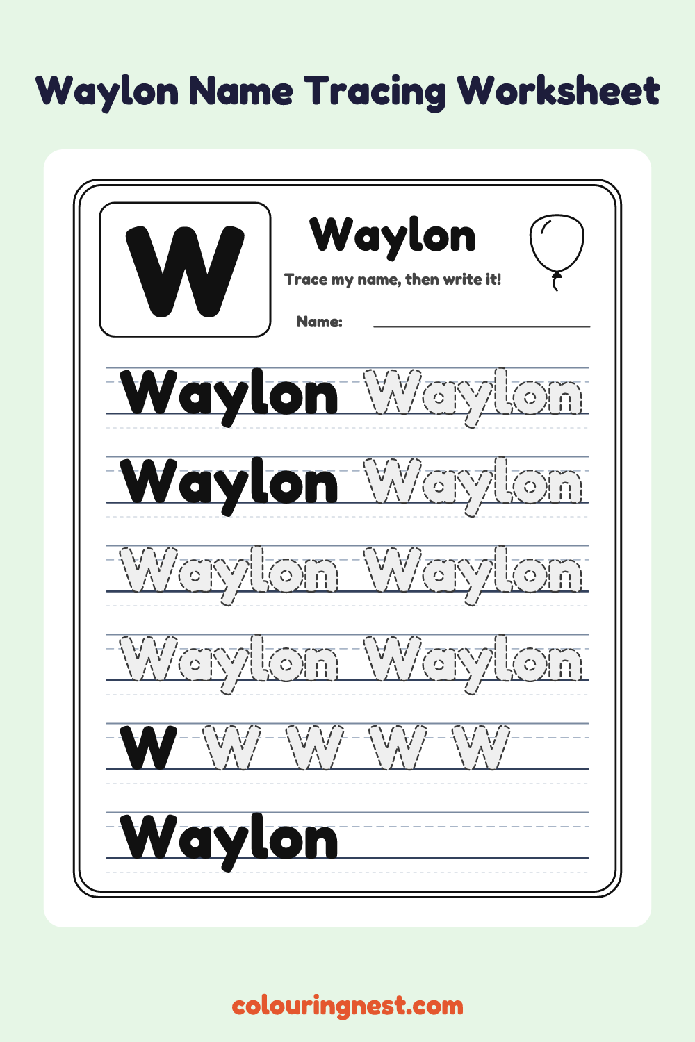 Waylon Name Tracing Worksheet: free printable black-and-white line art