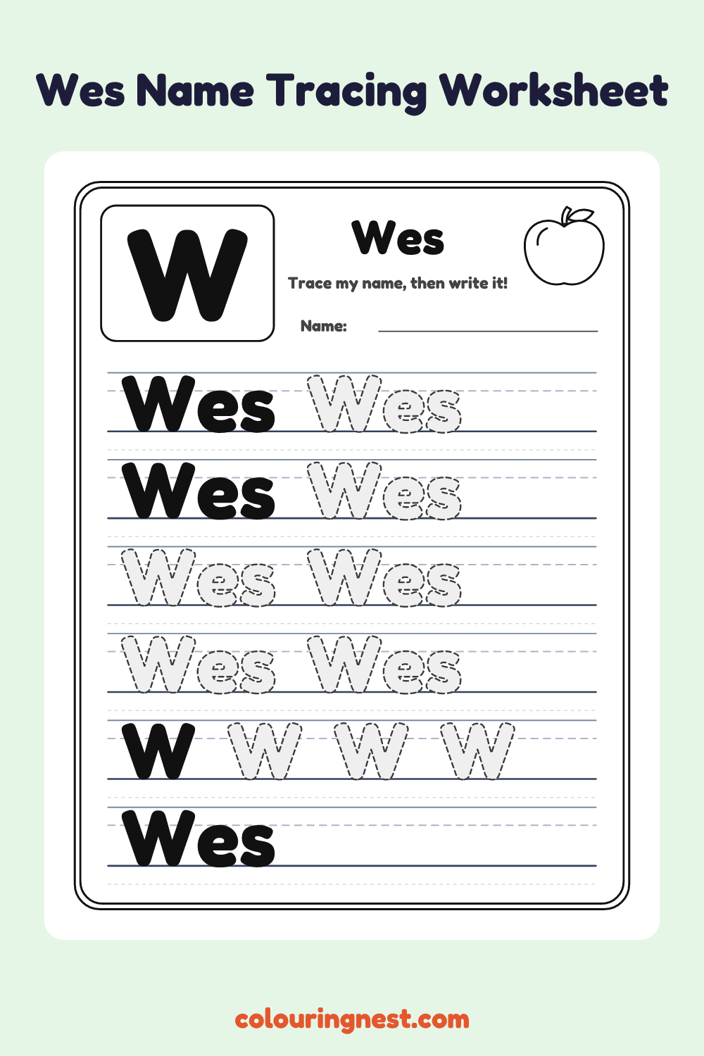 Wes Name Tracing Worksheet: free printable black-and-white line art