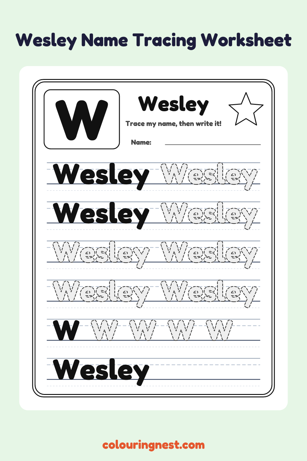 Wesley Name Tracing Worksheet: free printable black-and-white line art