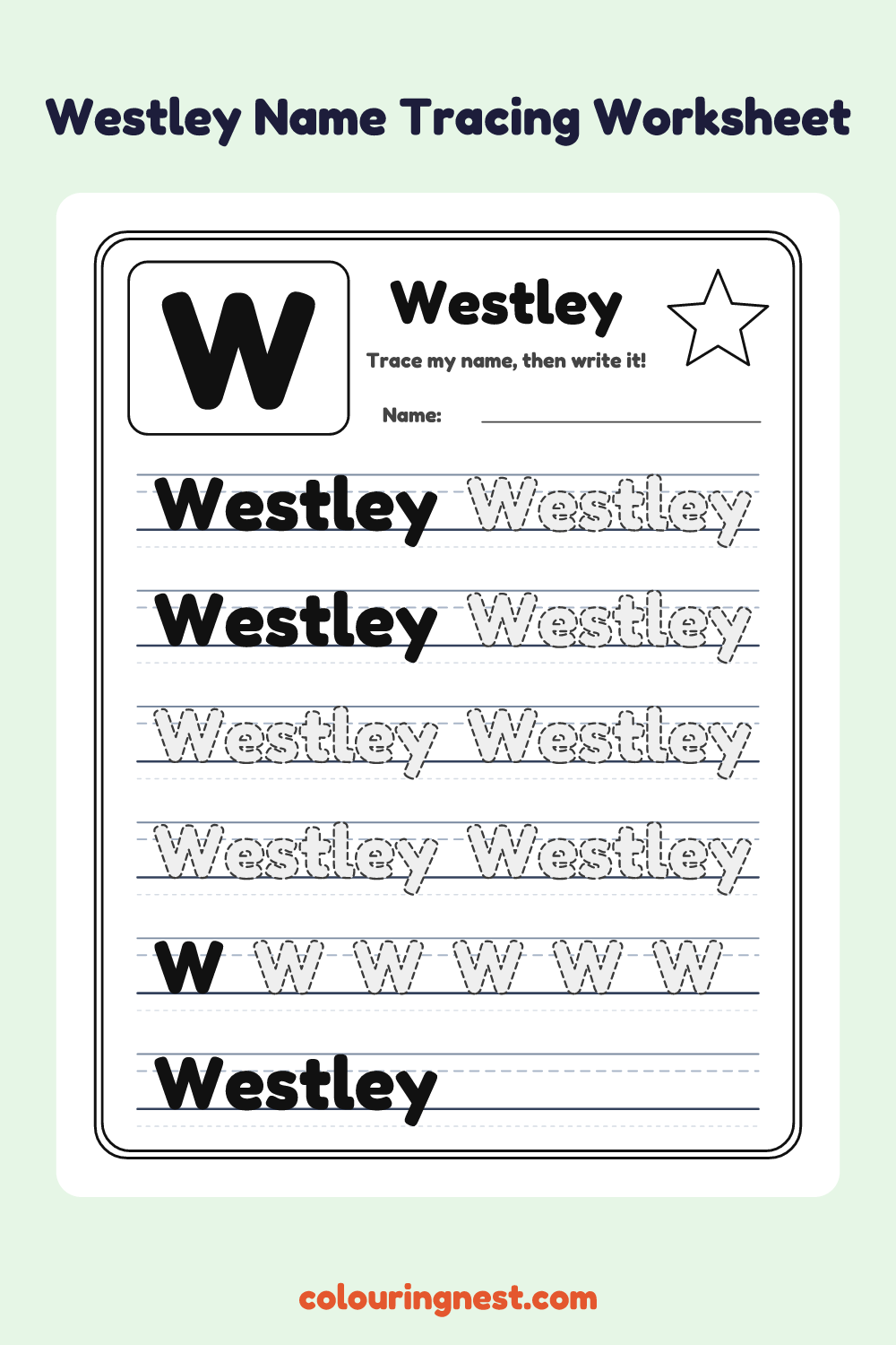 Westley Name Tracing Worksheet: free printable black-and-white line art