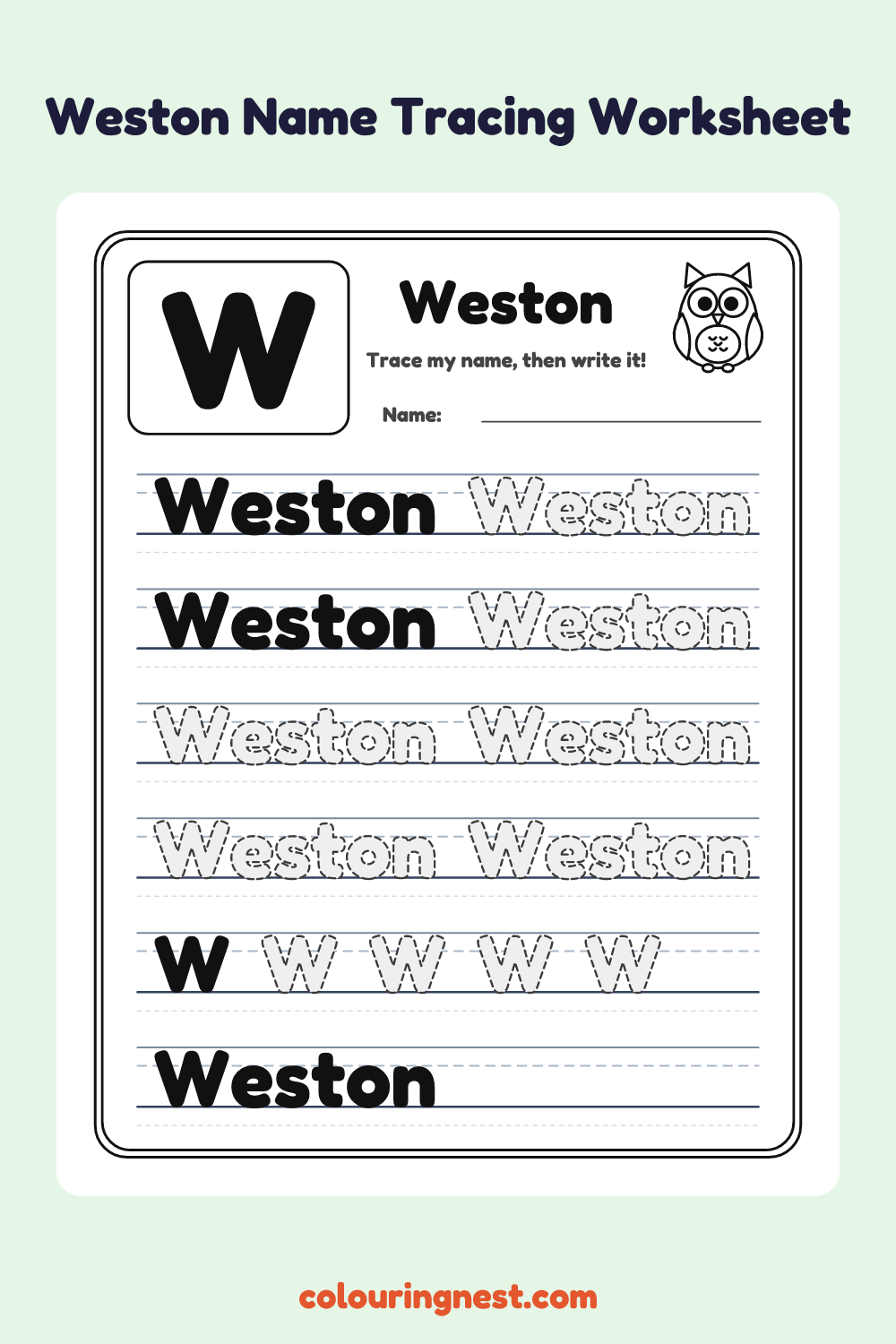 Weston Name Tracing Worksheet: free printable black-and-white line art