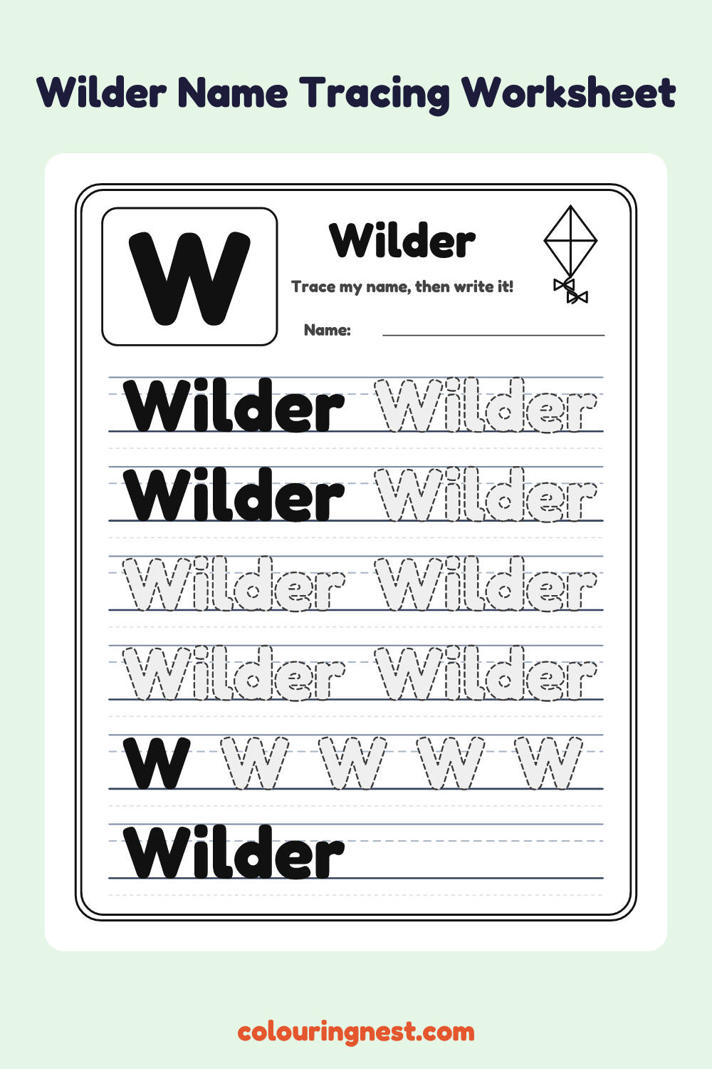 Wilder Name Tracing Worksheet: free printable black-and-white line art
