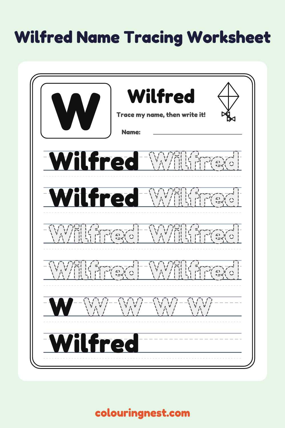 Wilfred Name Tracing Worksheet: free printable black-and-white line art