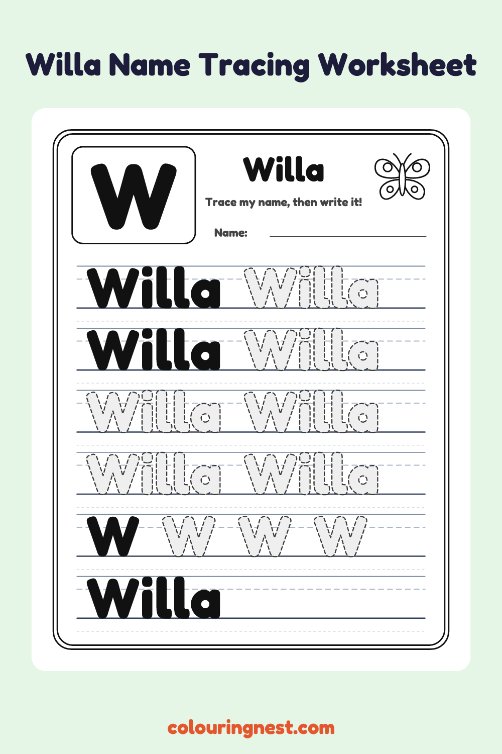 Willa Name Tracing Worksheet: free printable black-and-white line art