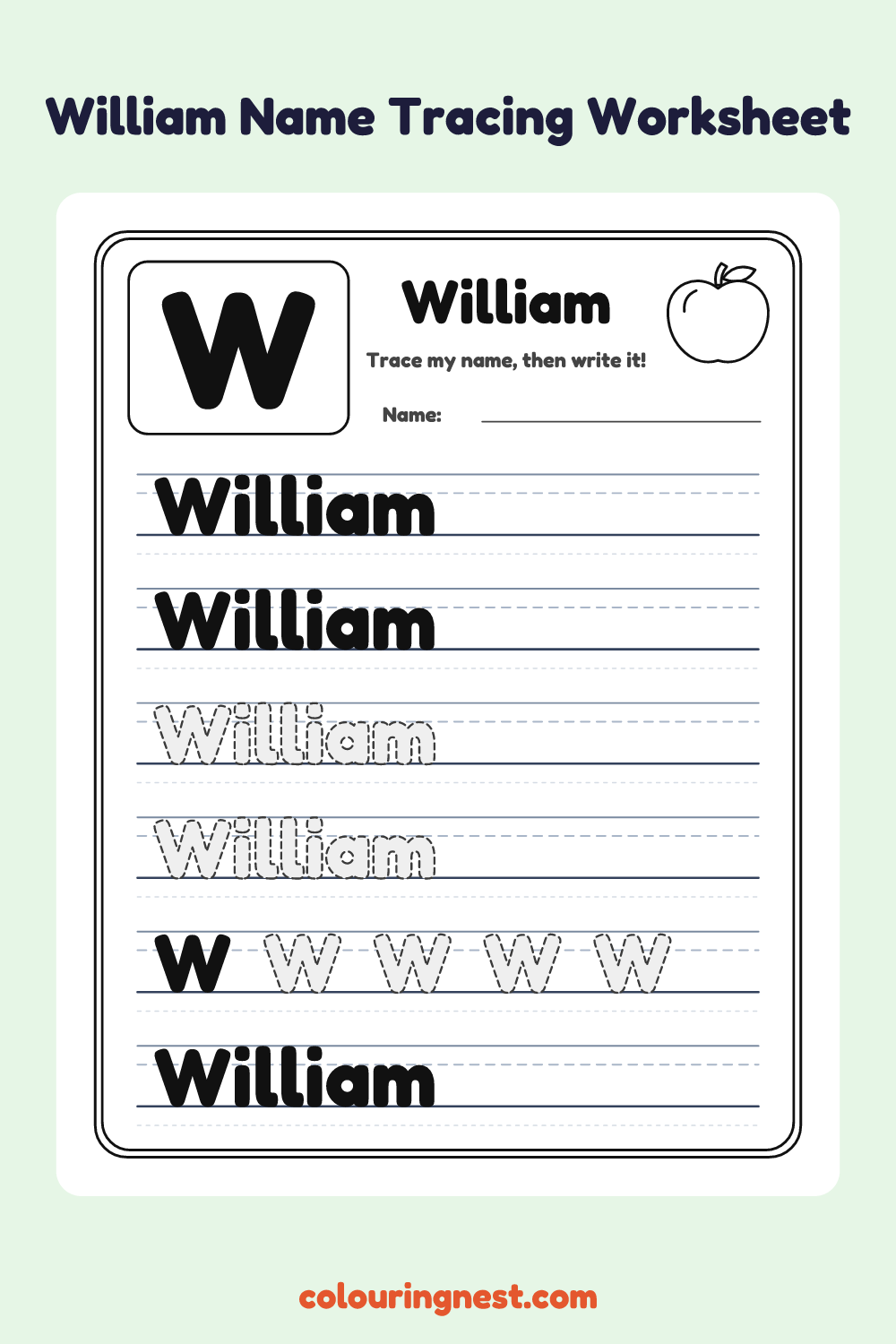 William Name Tracing Worksheet: free printable black-and-white line art
