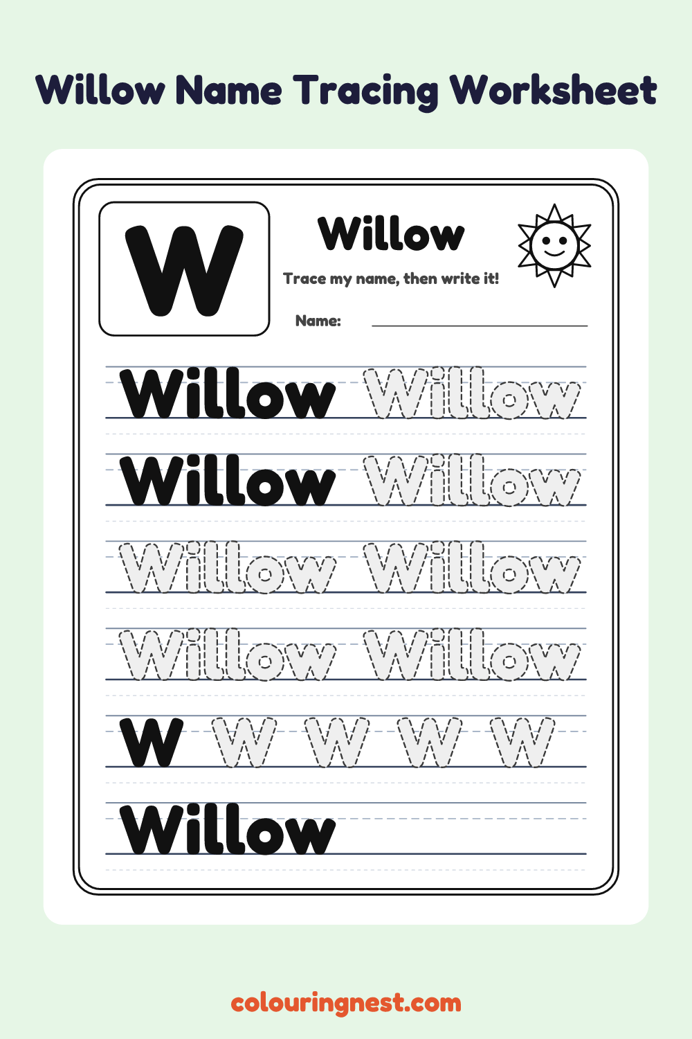Willow Name Tracing Worksheet: free printable black-and-white line art