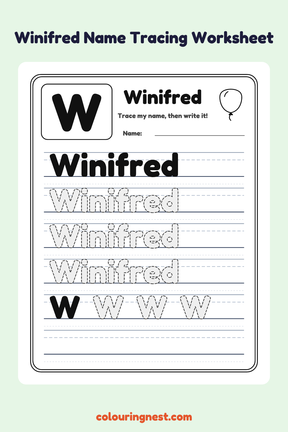 Winifred Name Tracing Worksheet: free printable black-and-white line art