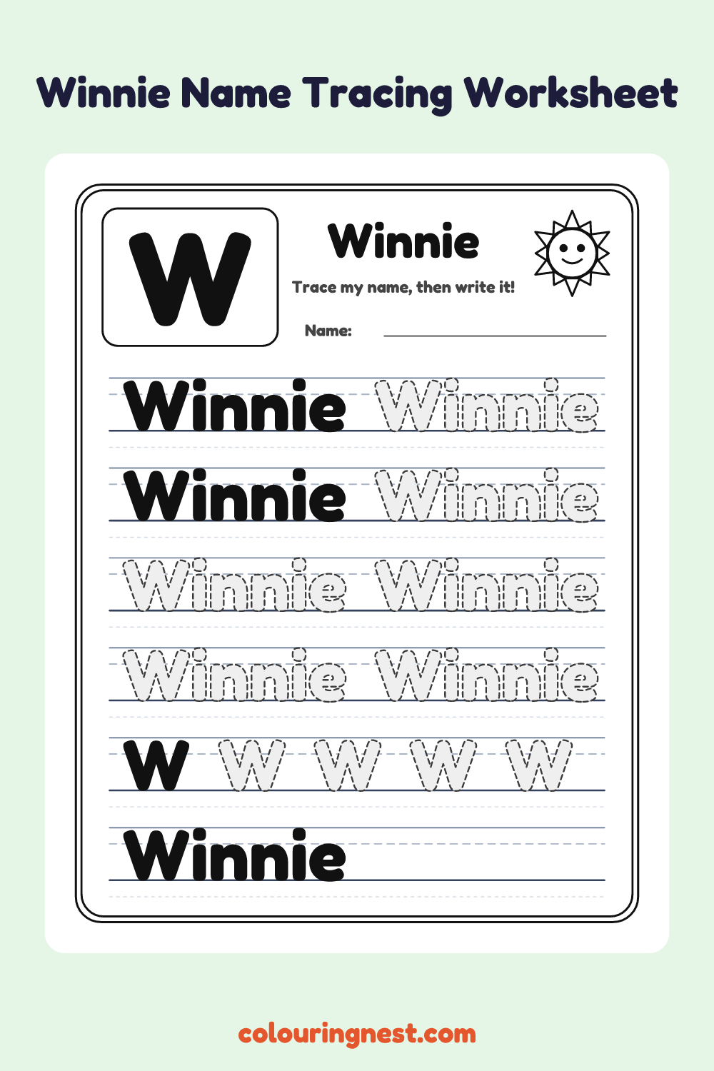 Winnie Name Tracing Worksheet: free printable black-and-white line art