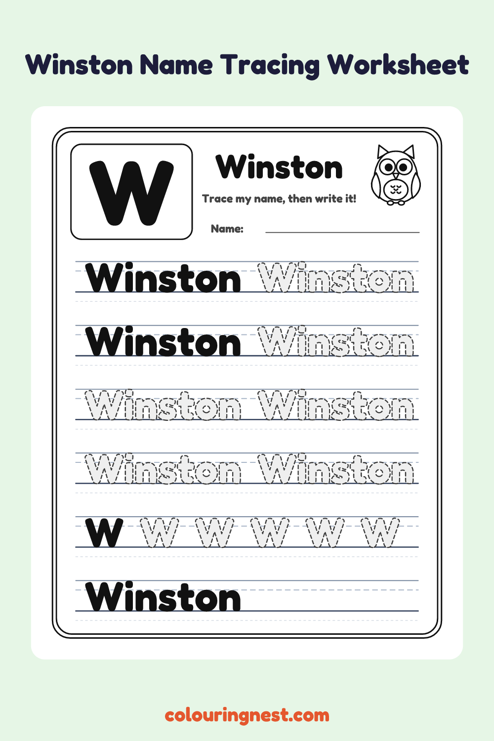 Winston Name Tracing Worksheet: free printable black-and-white line art