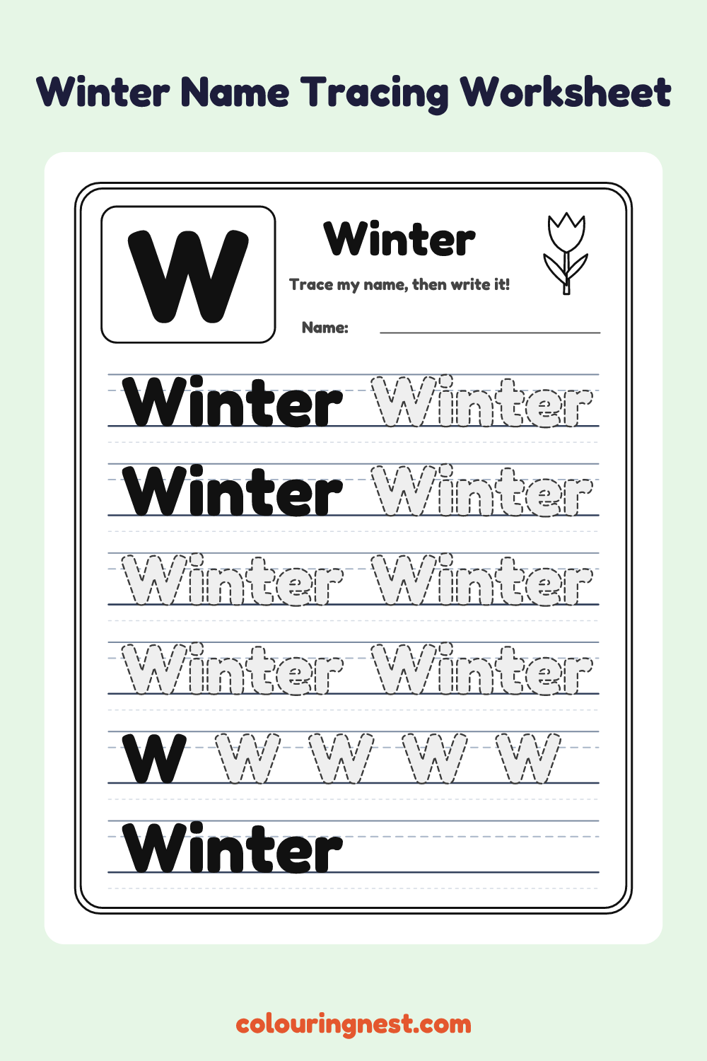 Winter Name Tracing Worksheet: free printable black-and-white line art