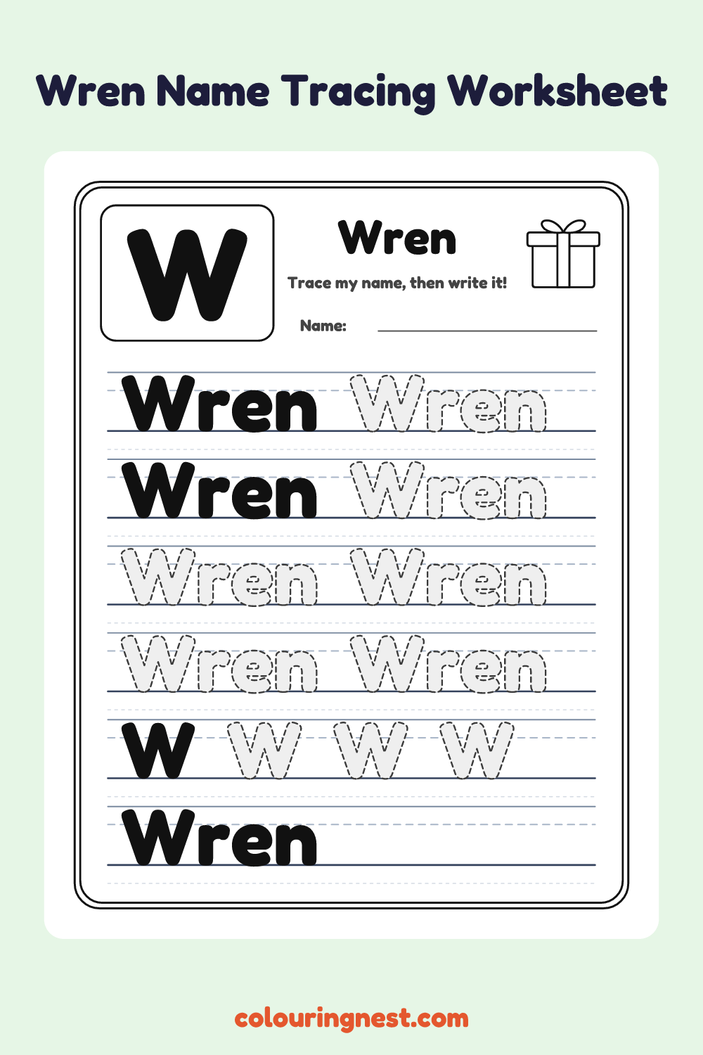 Wren Name Tracing Worksheet: free printable black-and-white line art