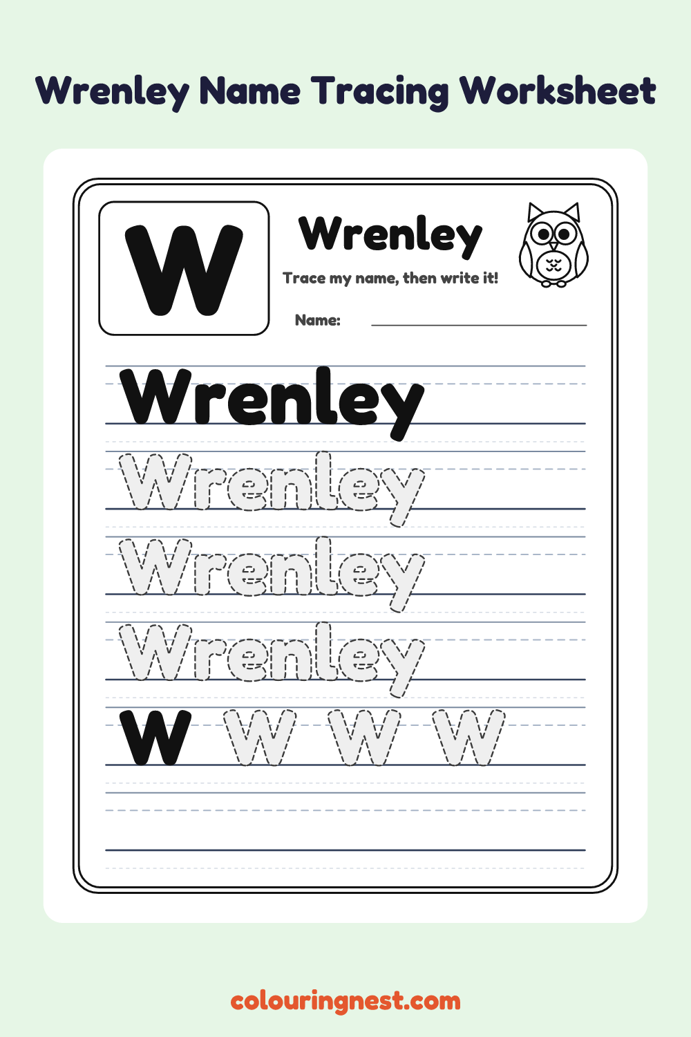 Wrenley Name Tracing Worksheet: free printable black-and-white line art