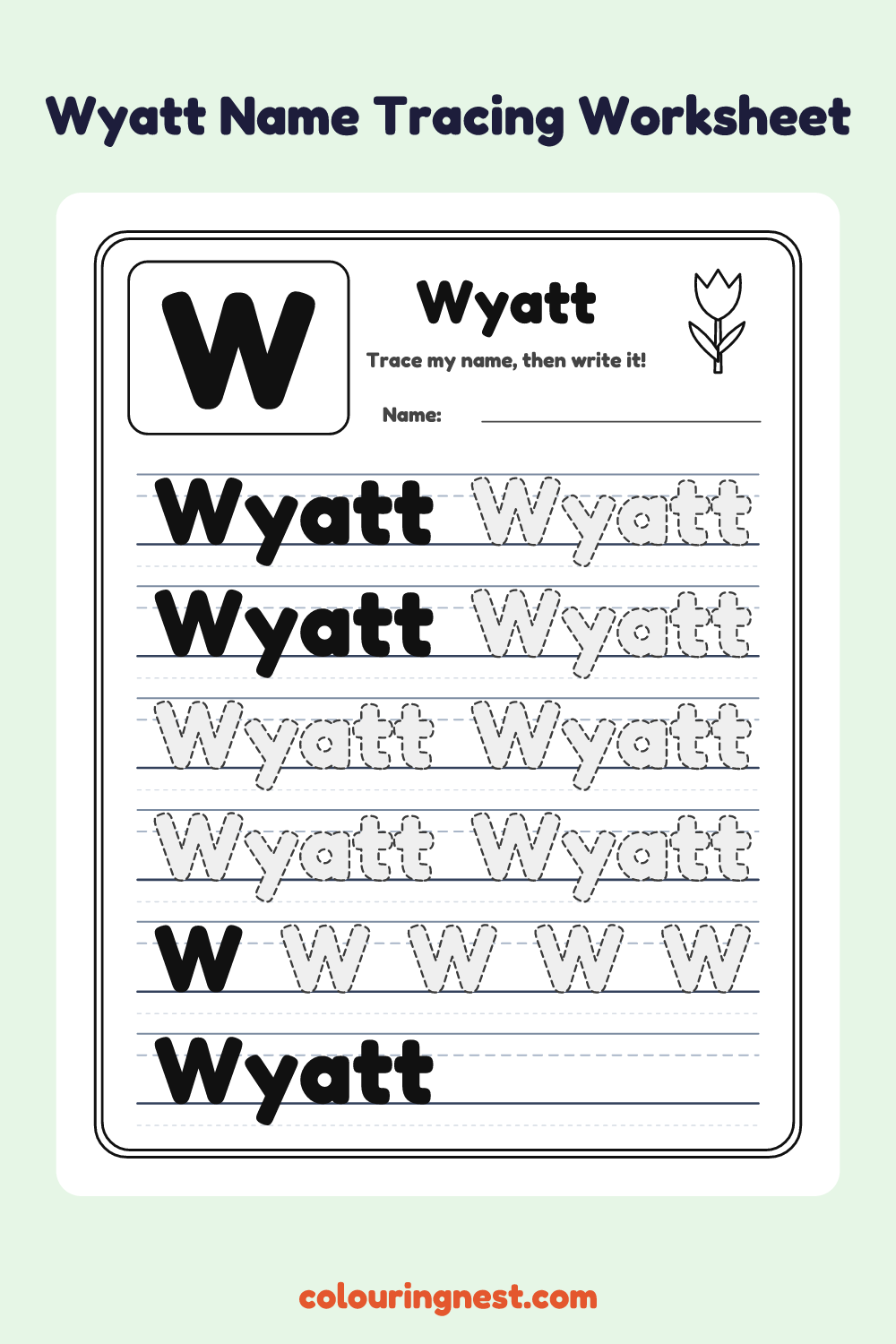 Wyatt Name Tracing Worksheet: free printable black-and-white line art