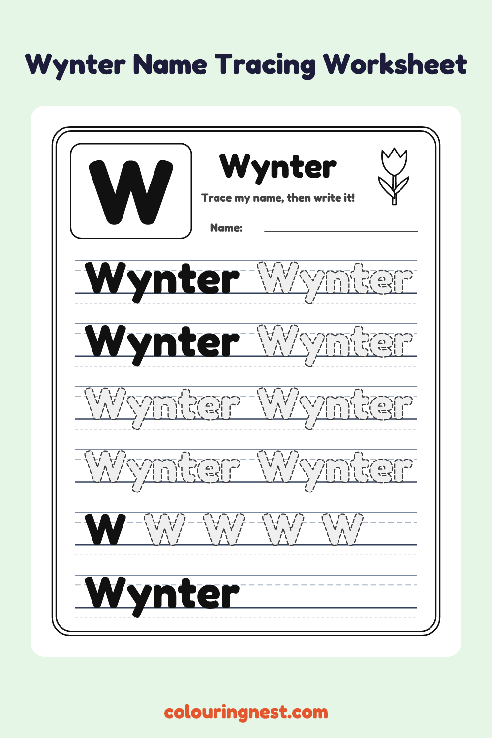 Wynter Name Tracing Worksheet: free printable black-and-white line art
