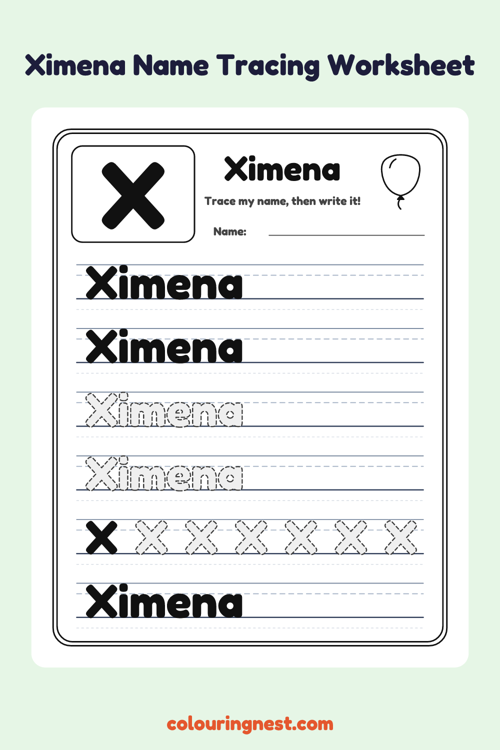 Ximena Name Tracing Worksheet: free printable black-and-white line art