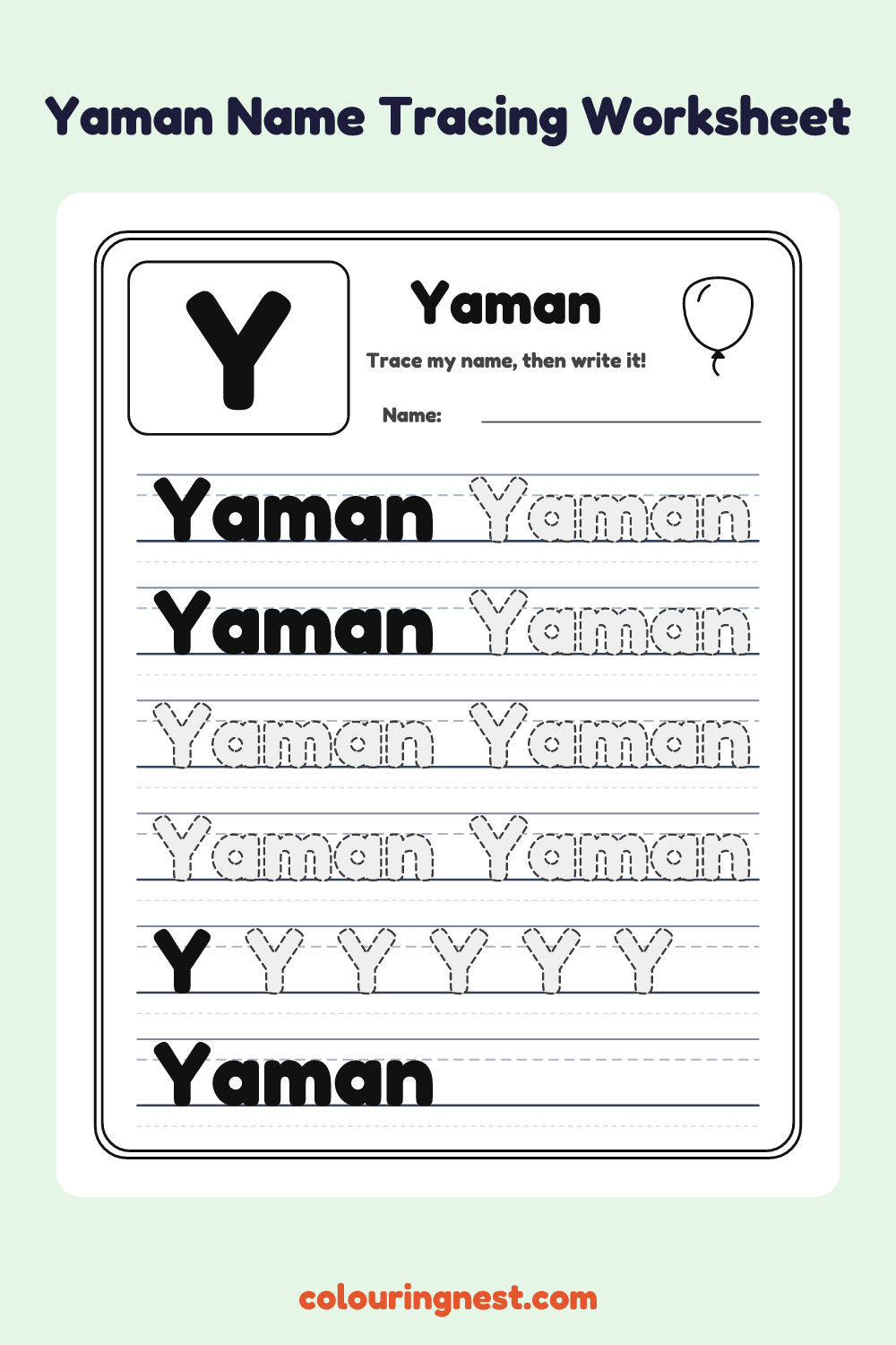Yaman Name Tracing Worksheet: free printable black-and-white line art