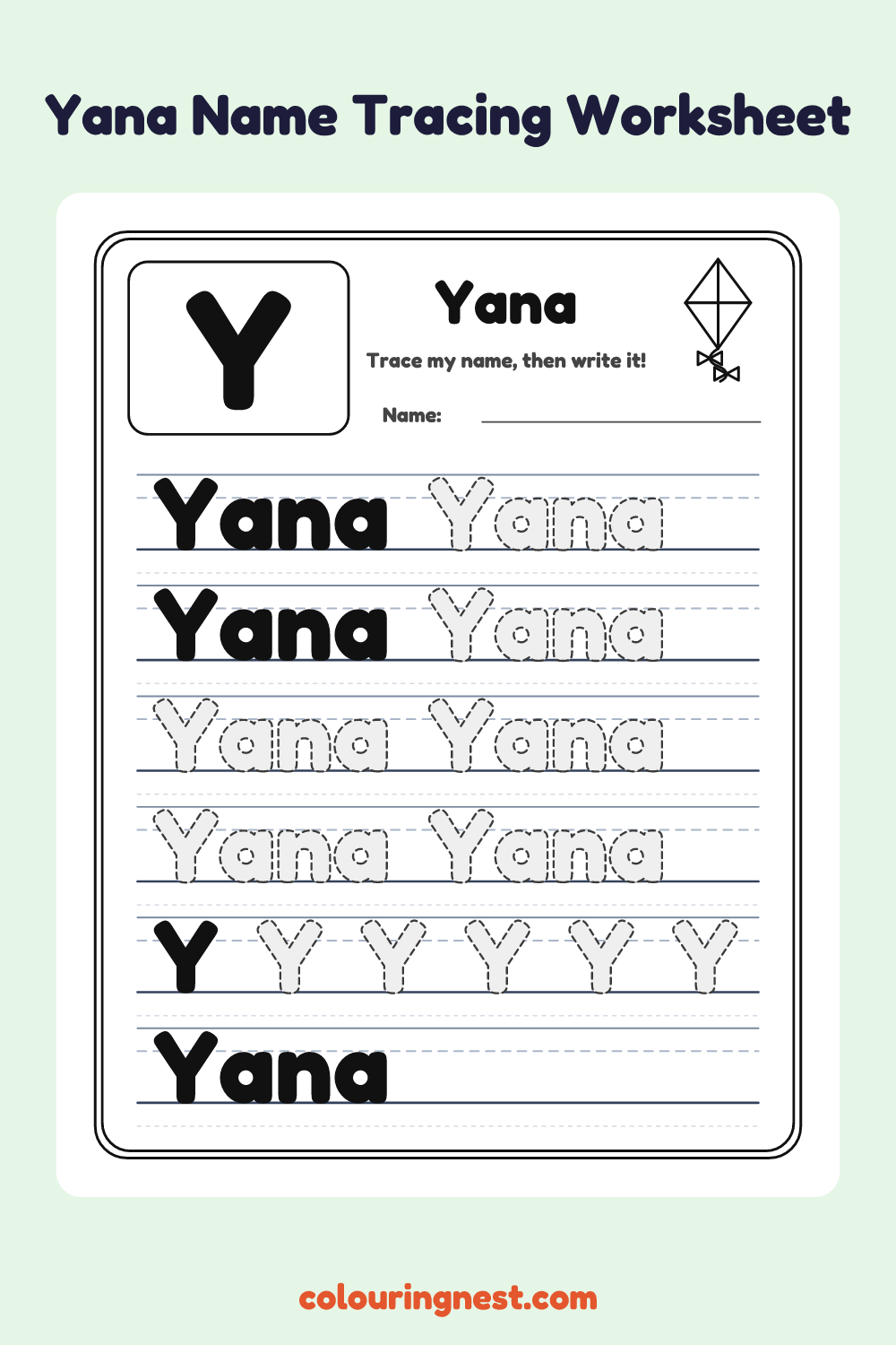 Yana Name Tracing Worksheet: free printable black-and-white line art