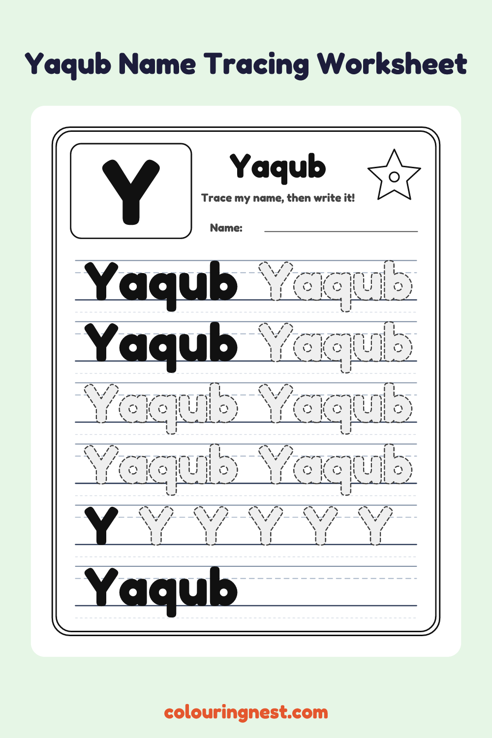Yaqub Name Tracing Worksheet: free printable black-and-white line art