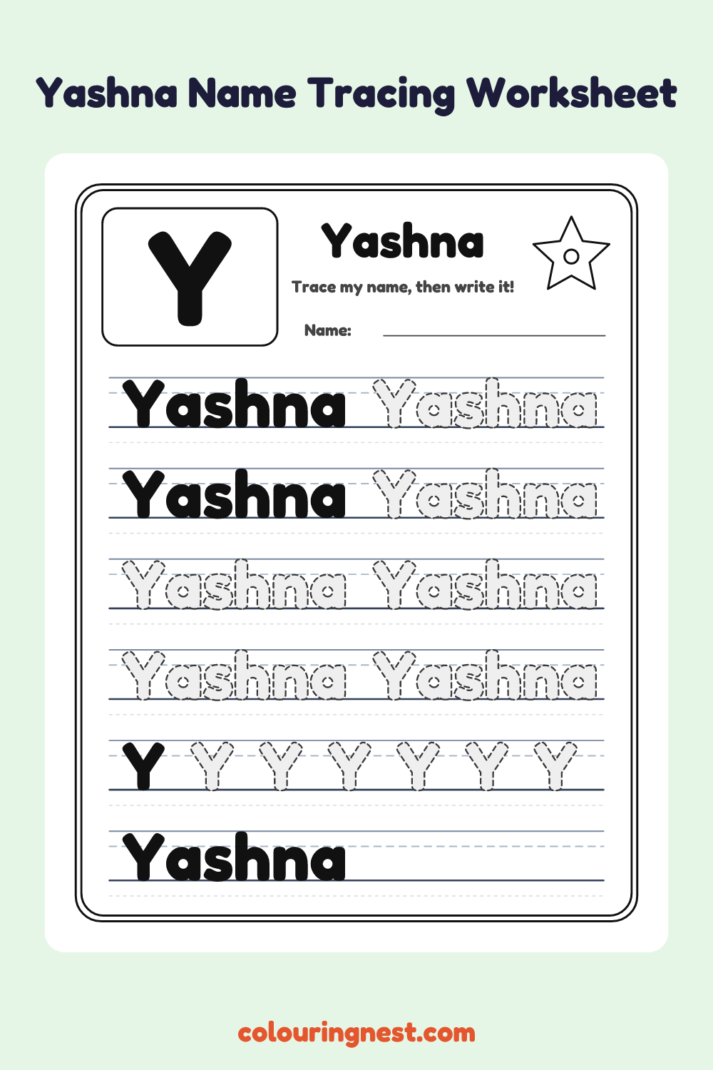 Yashna Name Tracing Worksheet: free printable black-and-white line art