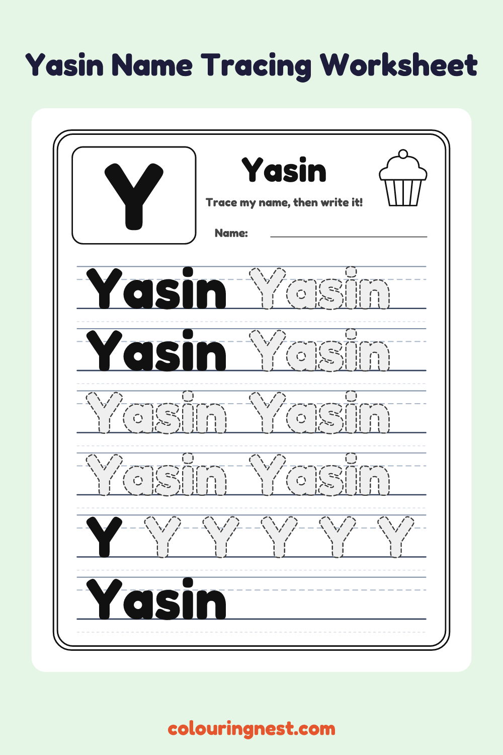Yasin Name Tracing Worksheet: free printable black-and-white line art