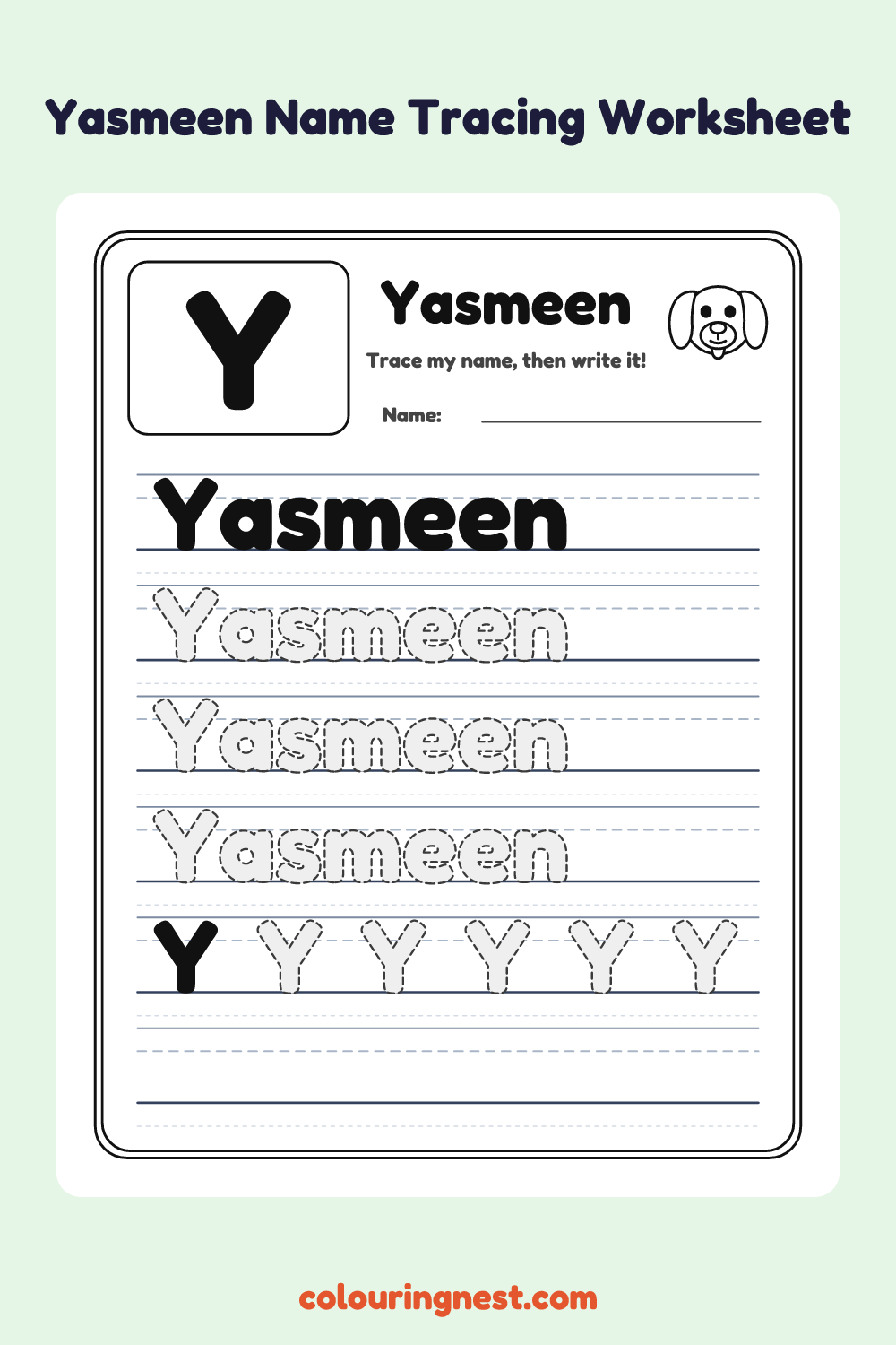 Yasmeen Name Tracing Worksheet: free printable black-and-white line art