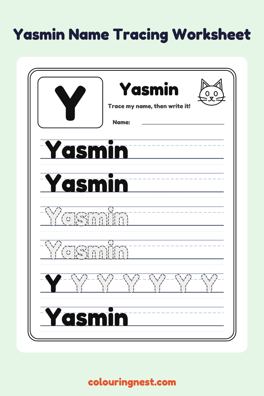 Yasmin Name Tracing Worksheet: free printable black-and-white line art