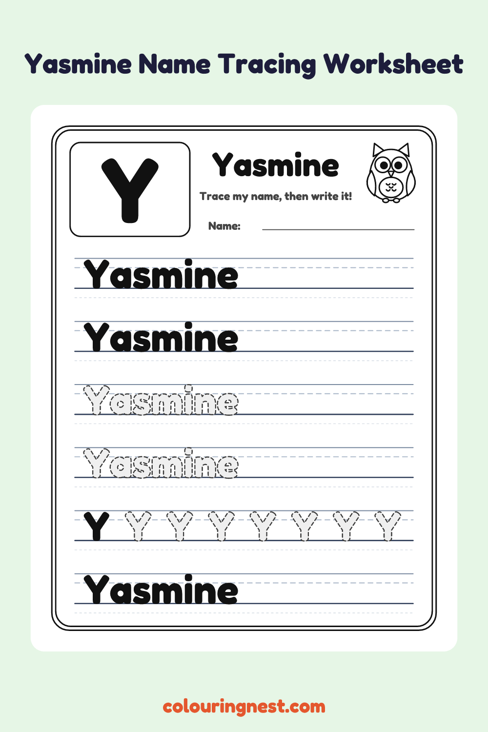 Yasmine Name Tracing Worksheet: free printable black-and-white line art