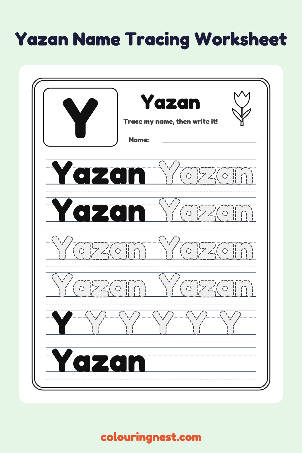 Yazan Name Tracing Worksheet: free printable black-and-white line art