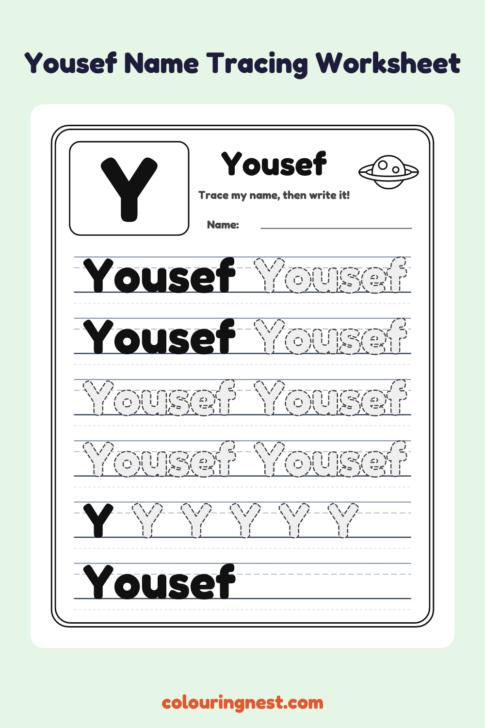 Yousef Name Tracing Worksheet: free printable black-and-white line art
