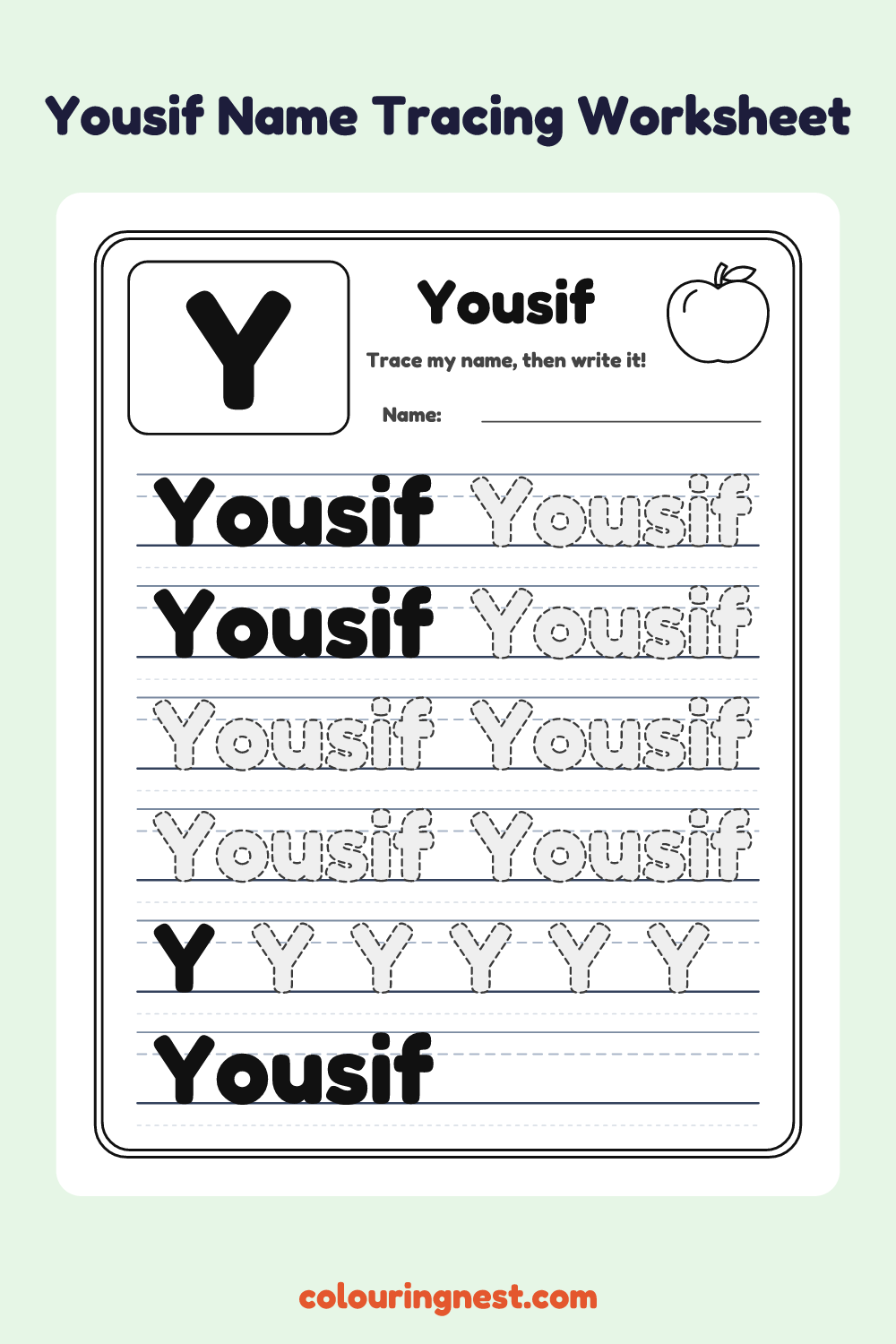 Yousif Name Tracing Worksheet: free printable black-and-white line art
