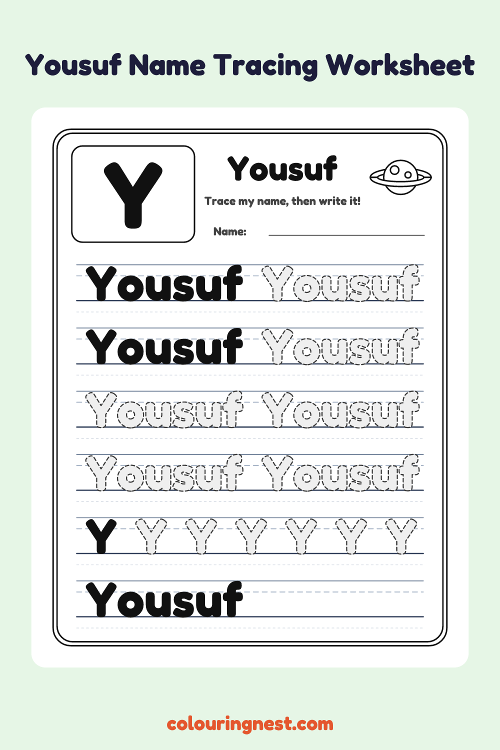 Yousuf Name Tracing Worksheet: free printable black-and-white line art