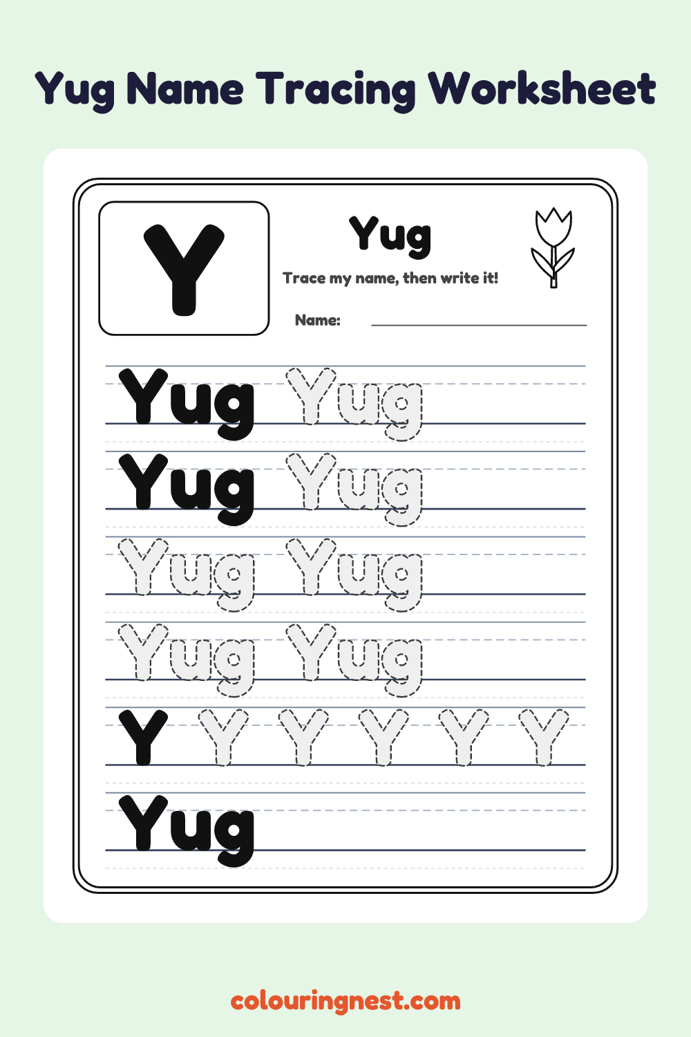 Yug Name Tracing Worksheet: free printable black-and-white line art