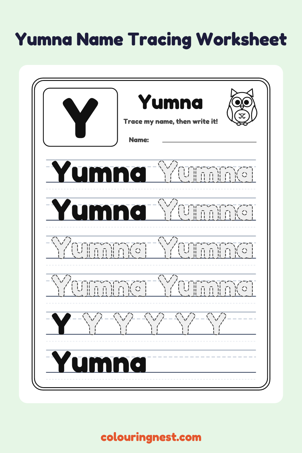 Yumna Name Tracing Worksheet: free printable black-and-white line art