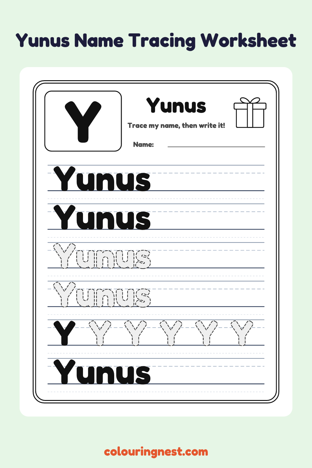 Yunus Name Tracing Worksheet: free printable black-and-white line art