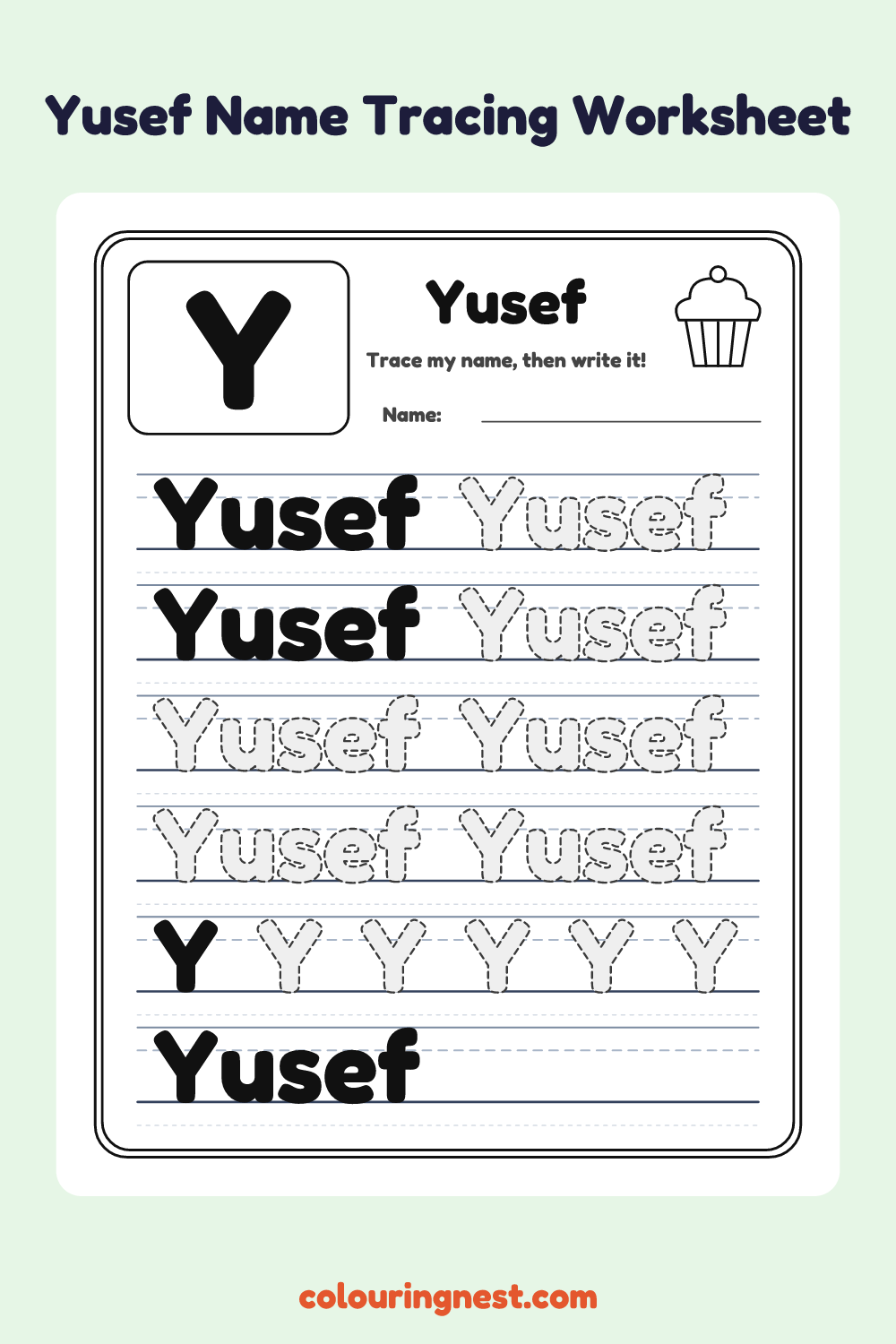 Yusef Name Tracing Worksheet: free printable black-and-white line art