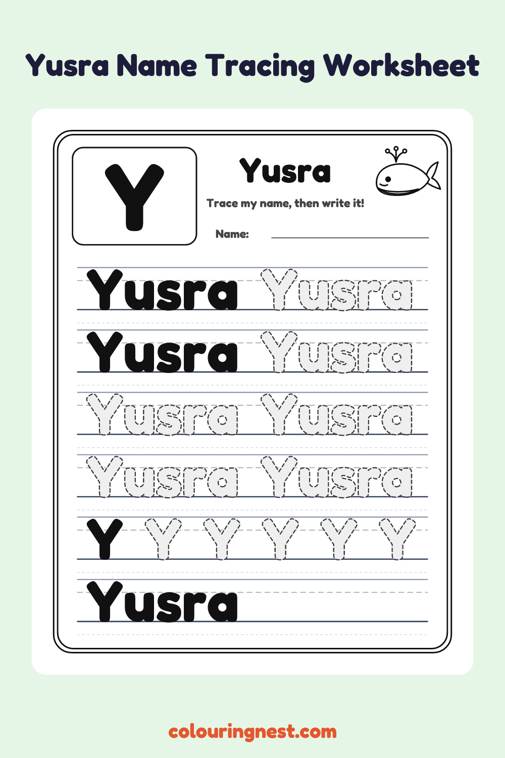 Yusra Name Tracing Worksheet: free printable black-and-white line art