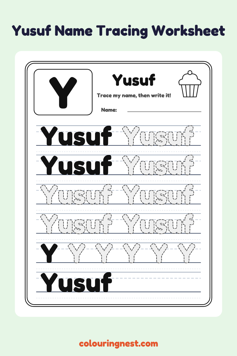Yusuf Name Tracing Worksheet: free printable black-and-white line art