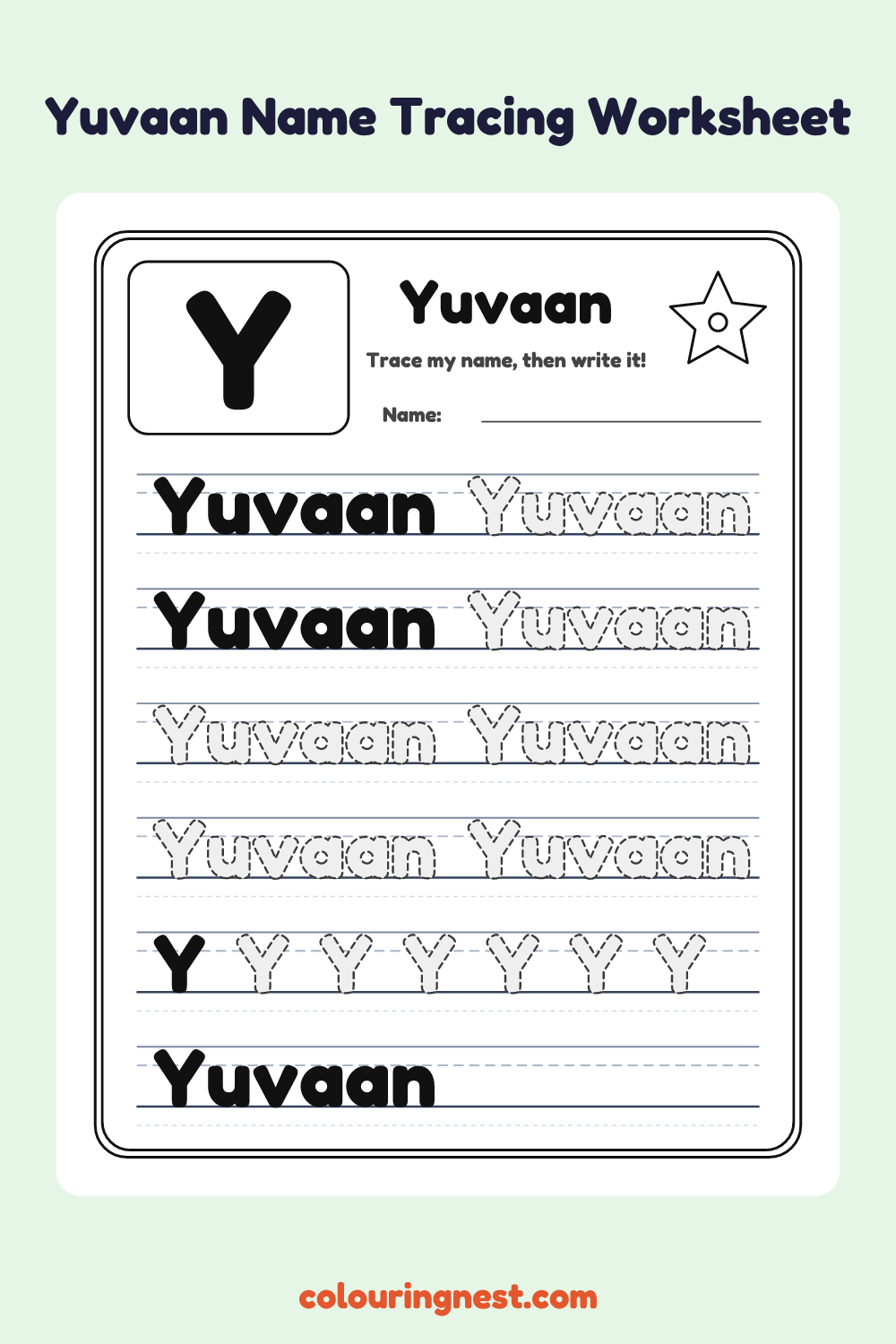 Yuvaan Name Tracing Worksheet: free printable black-and-white line art