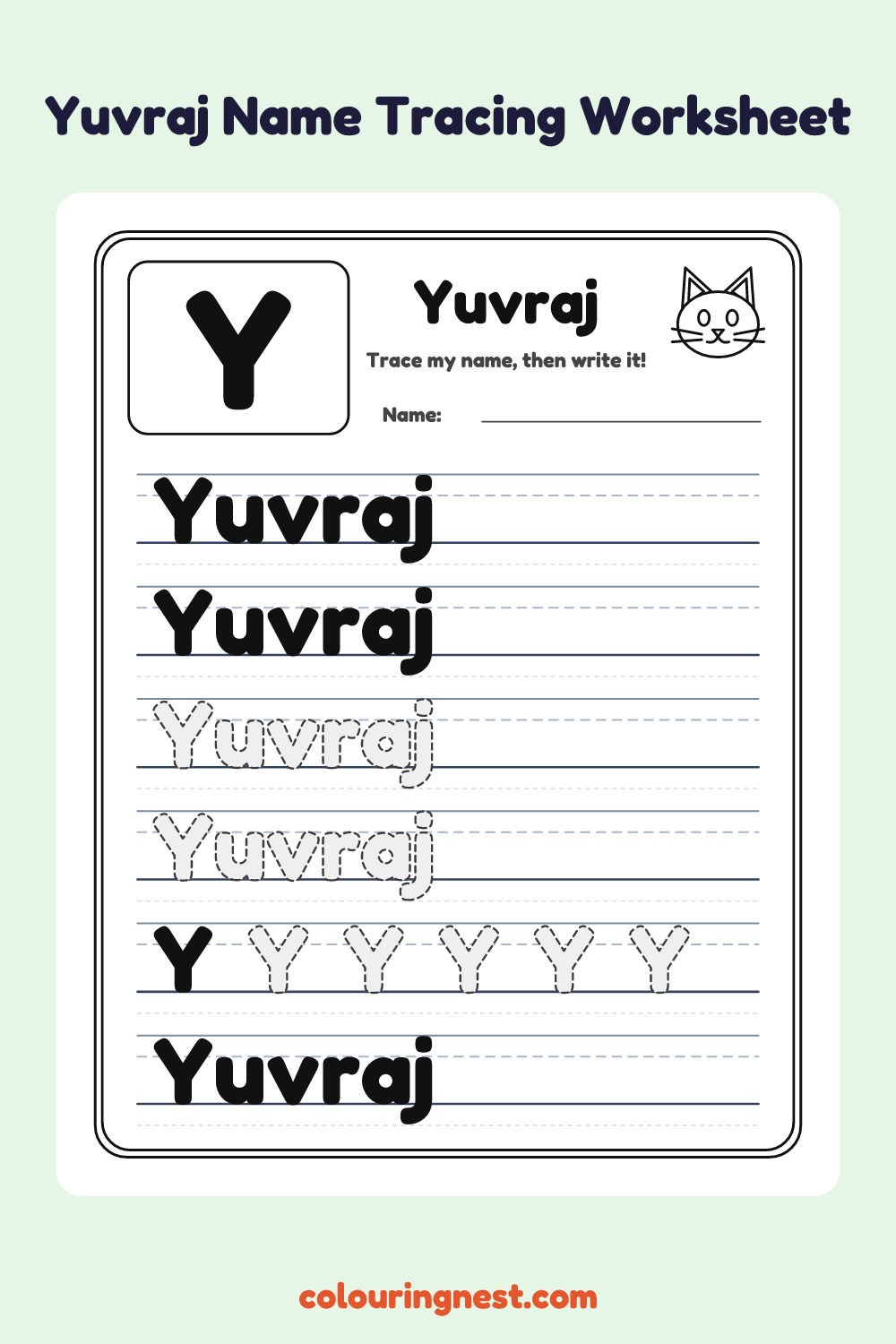 Yuvraj Name Tracing Worksheet: free printable black-and-white line art