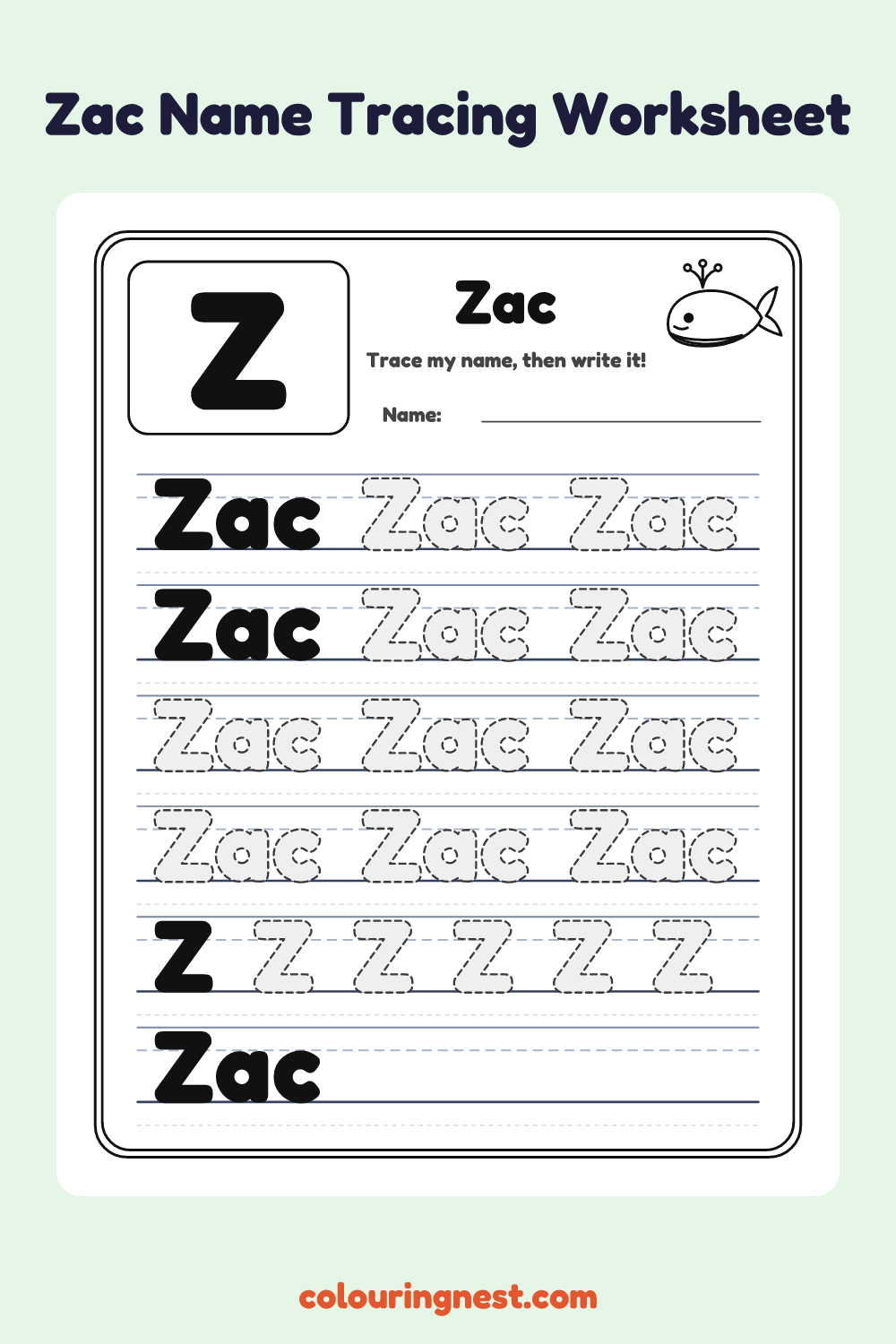 Zac Name Tracing Worksheet: free printable black-and-white line art