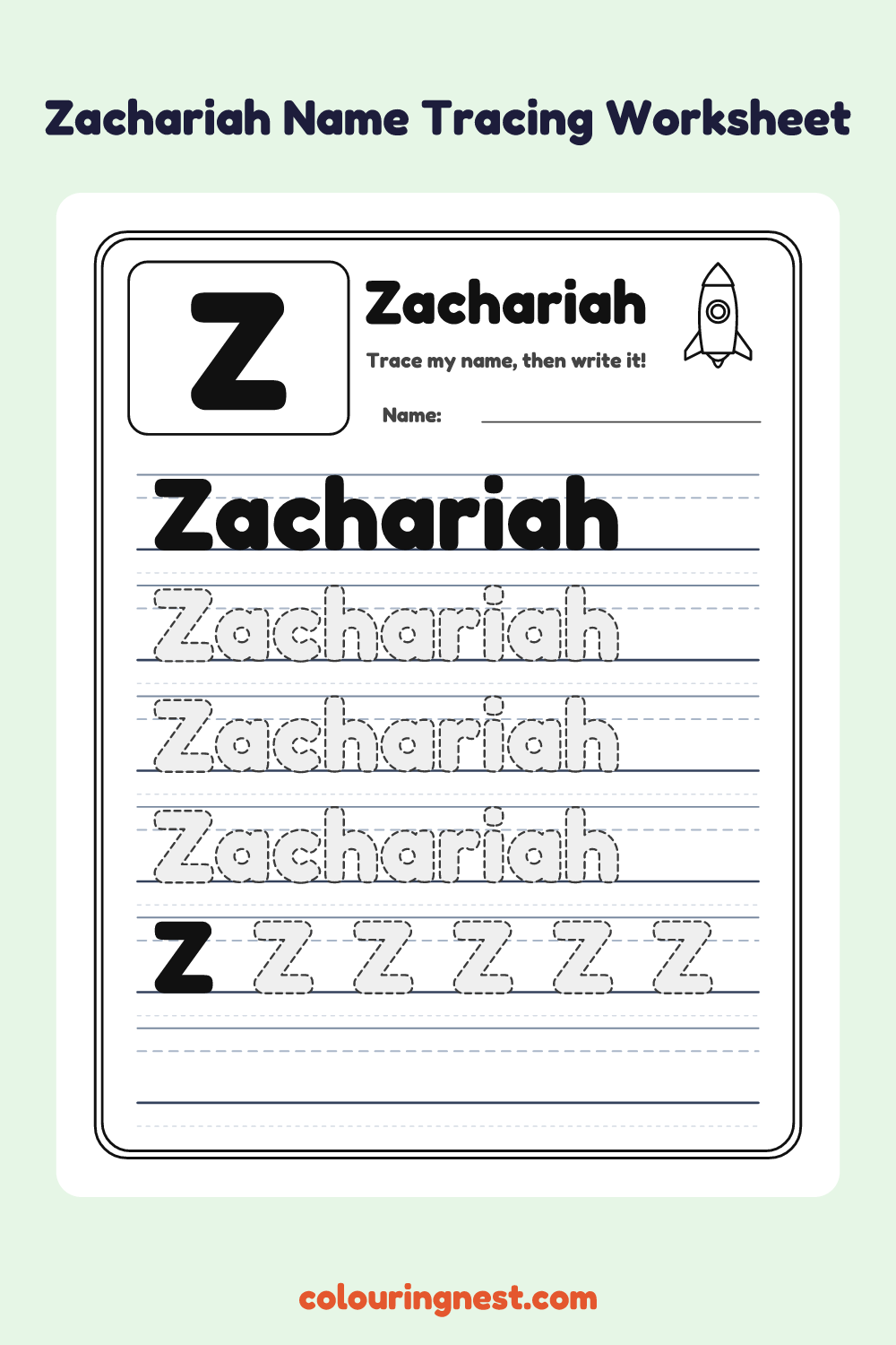 Zachariah Name Tracing Worksheet: free printable black-and-white line art