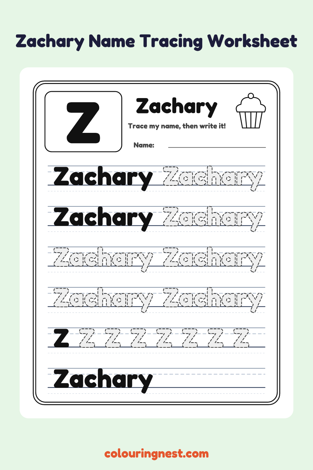Zachary Name Tracing Worksheet: free printable black-and-white line art
