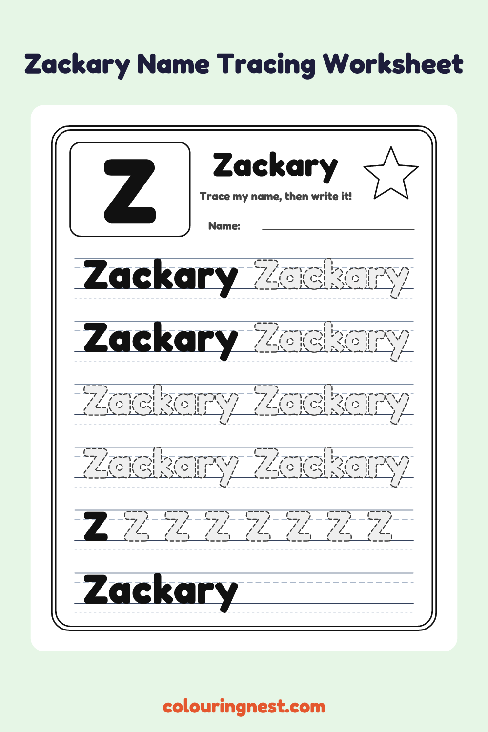 Zackary Name Tracing Worksheet: free printable black-and-white line art