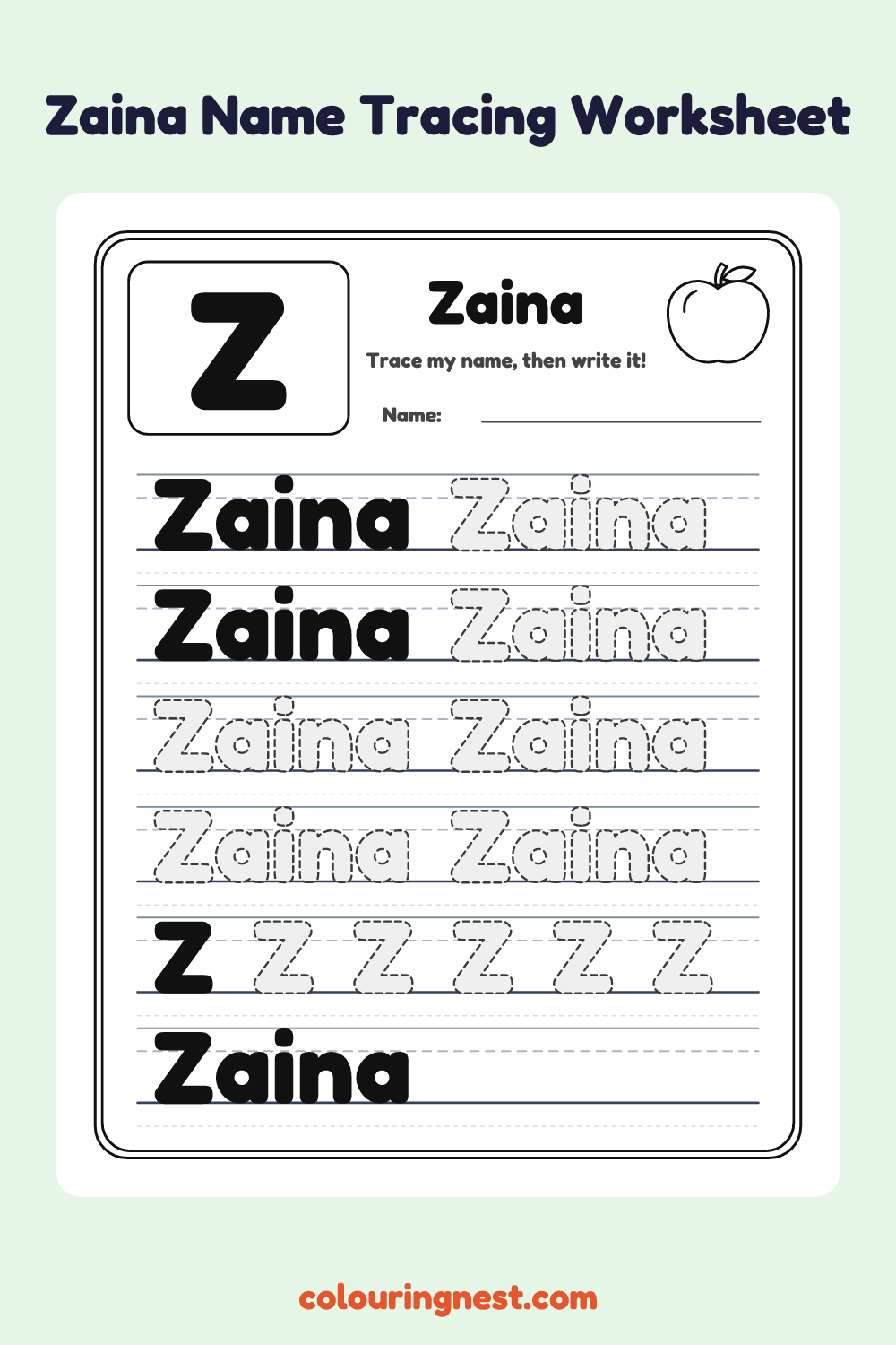 Zaina Name Tracing Worksheet: free printable black-and-white line art