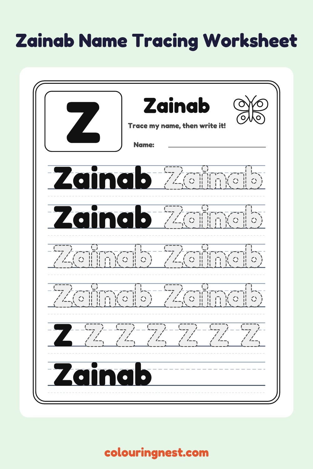 Zainab Name Tracing Worksheet: free printable black-and-white line art